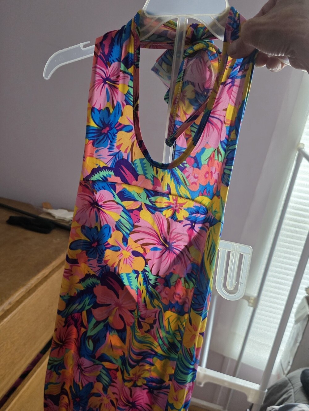 Small Vibrant Tropical Floral, Backless  Maxi Dress - Pink, Yellow & Blue